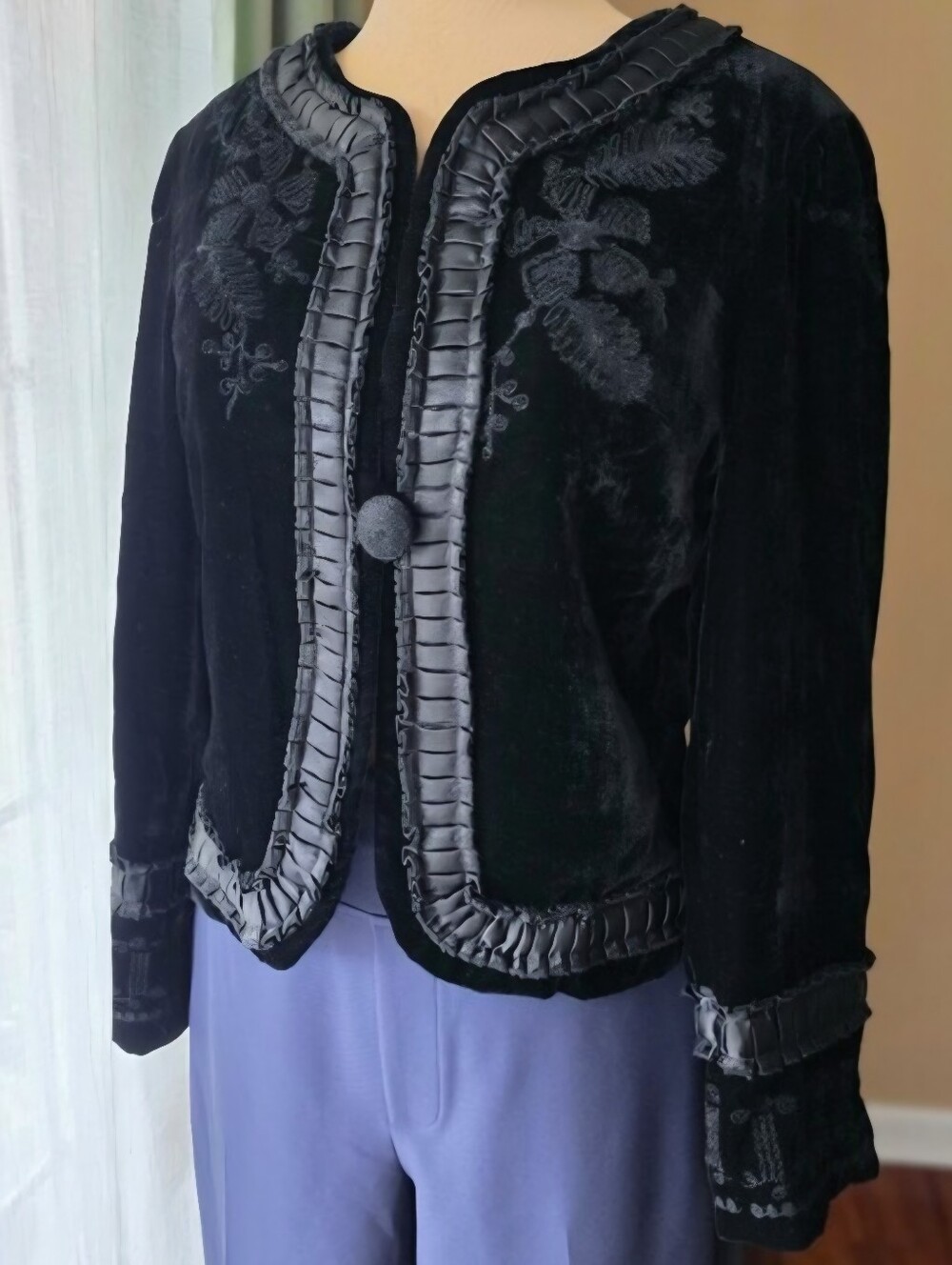 Autograph Vintage Black Velvet Embroidered Pleated Trim Evening Blazer Jacket 8
